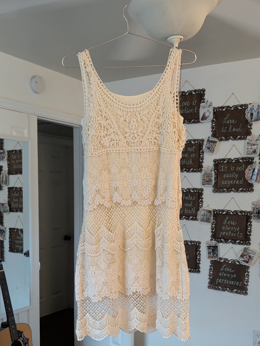 American Eagle Outfitters Cream Crochet Tiered Mini Dress